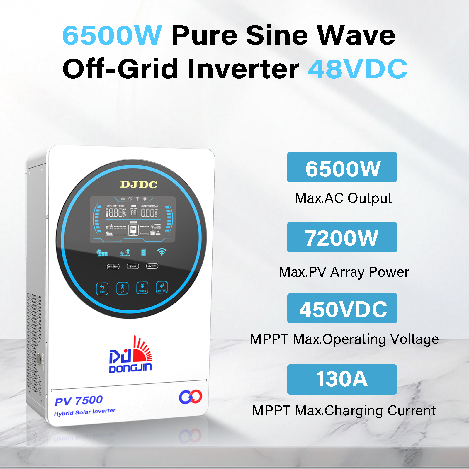 DJDCPOWER 6.5KW 48V Hybrid Inverter, 230V AC Pure Sine Wave Inverter, Built-in 130A Charge Controller, Max PV Input Power 7200W, Suitable for 48V Lead-Acid Battery and Lithium Battery