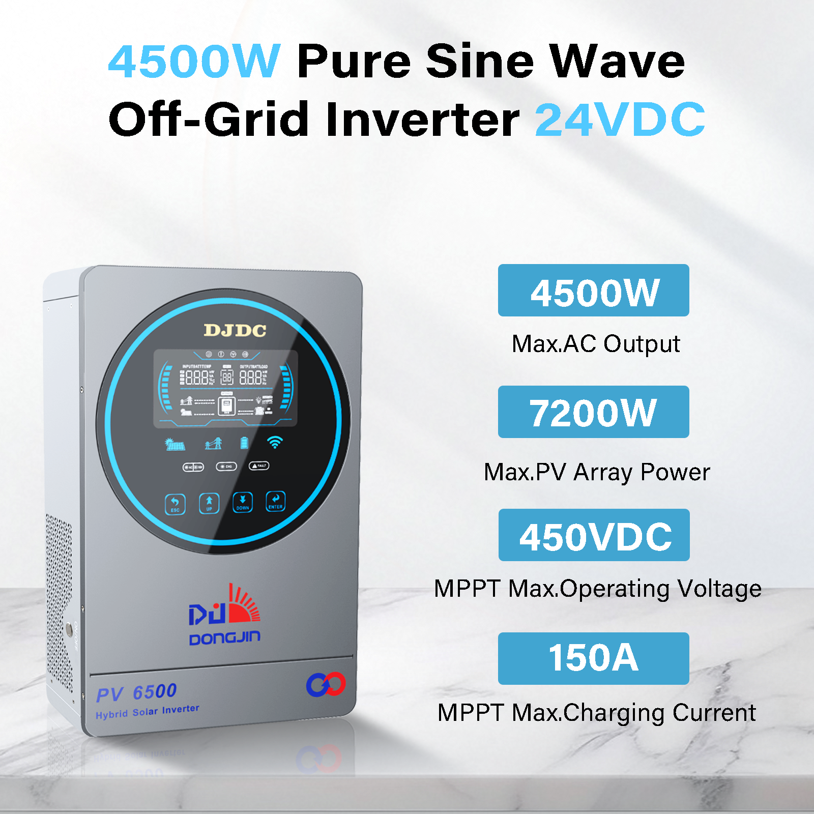 DJDCPOWER 4.5KW Hybrid Solar Inverter, 24V DC to 230V AC Pure Sine Wave, Built-in 150A MPPT Charge Controller, PV Input Range 55V-450Vdc, Suitable for 24V Home Energy Storage