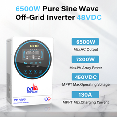 DJDCPOWER 6.5KW 48V Hybrid Inverter, 230V AC Pure Sine Wave Inverter, Built-in 130A Charge Controller, Max PV Input Power 7200W, Suitable for 48V Lead-Acid Battery and Lithium Battery