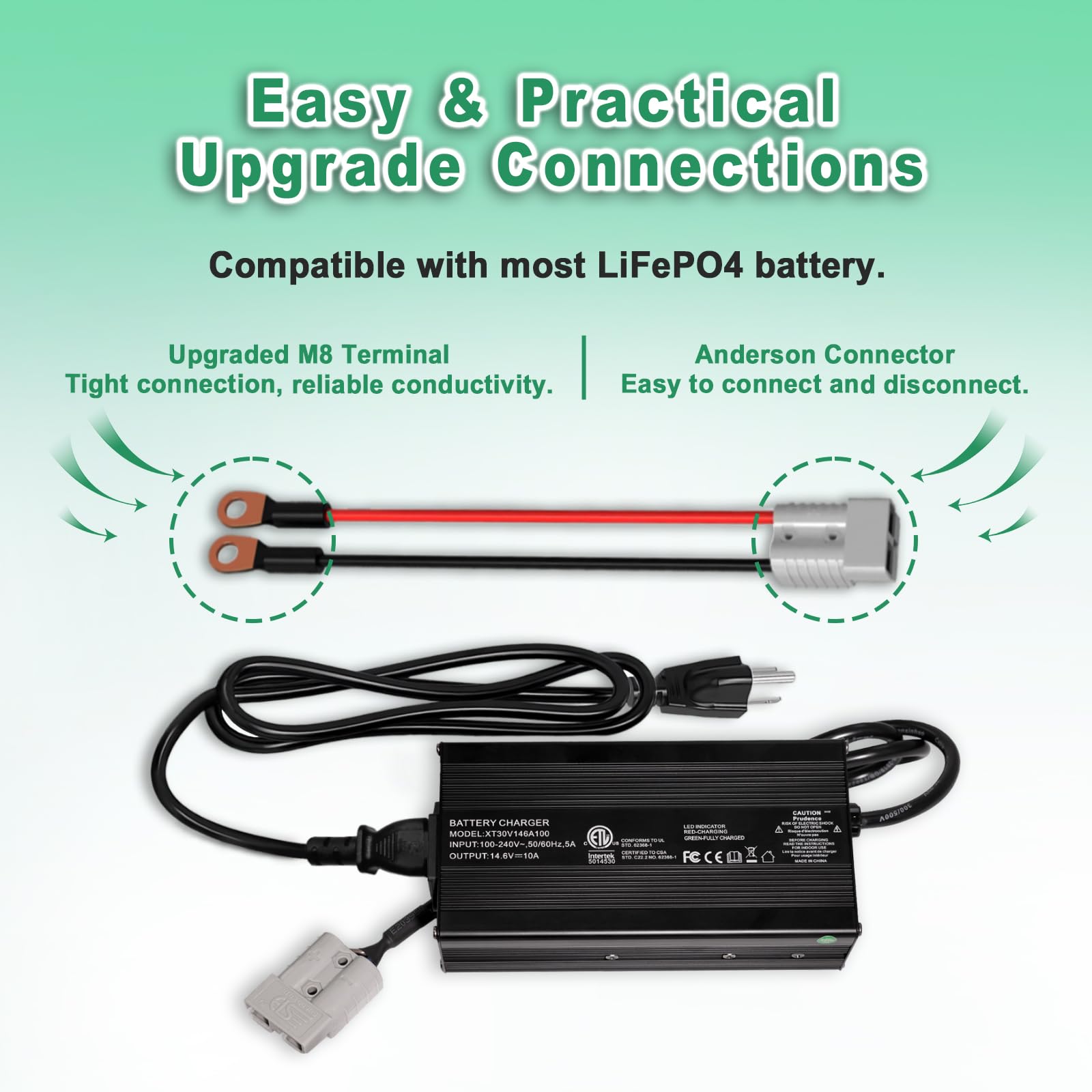 12V 10A LiFePO4 Battery Charger AC-DC Smart Charger for Lithium LiFePo4 Deep Cycle Batteries