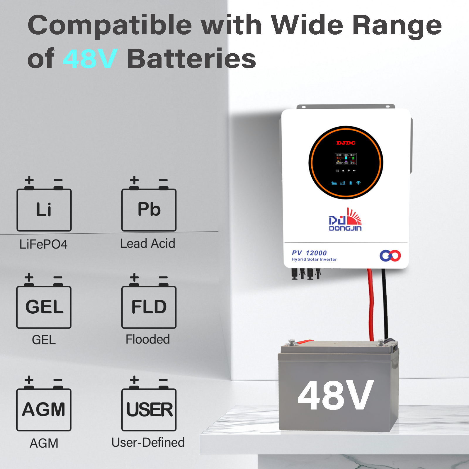 DJDCPOWER 10.2KW Solar Hybrid Inverter 48V, 230VAC Pure Sine Wave, Integrated 160A MPPT Charge Controller, Maximum PV Input 10800W, Suitable for Home Energy Storage