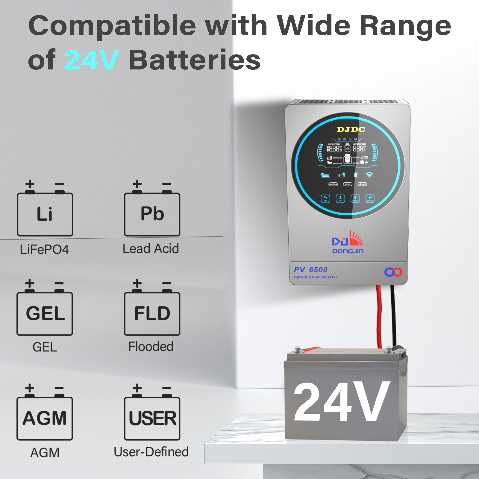 DJDCPOWER 4.5KW Hybrid Solar Inverter, 24V DC to 230V AC Pure Sine Wave, Built-in 150A MPPT Charge Controller, PV Input Range 55V-450Vdc, Suitable for 24V Home Energy Storage
