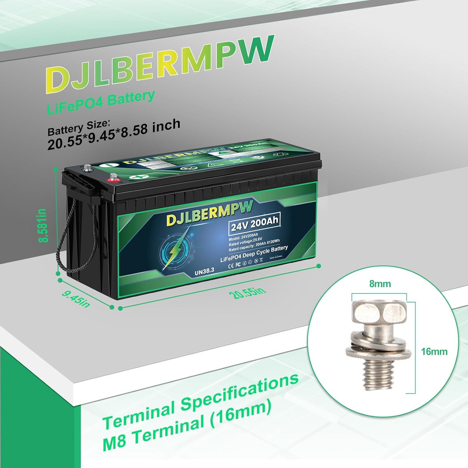 24V 200Ah LiFePO4 Lithium Battery, 8000+ Deep Cycle Built-in 200A BMS 5120W for Marine, Boat, Golf Cart, RV, Solar System