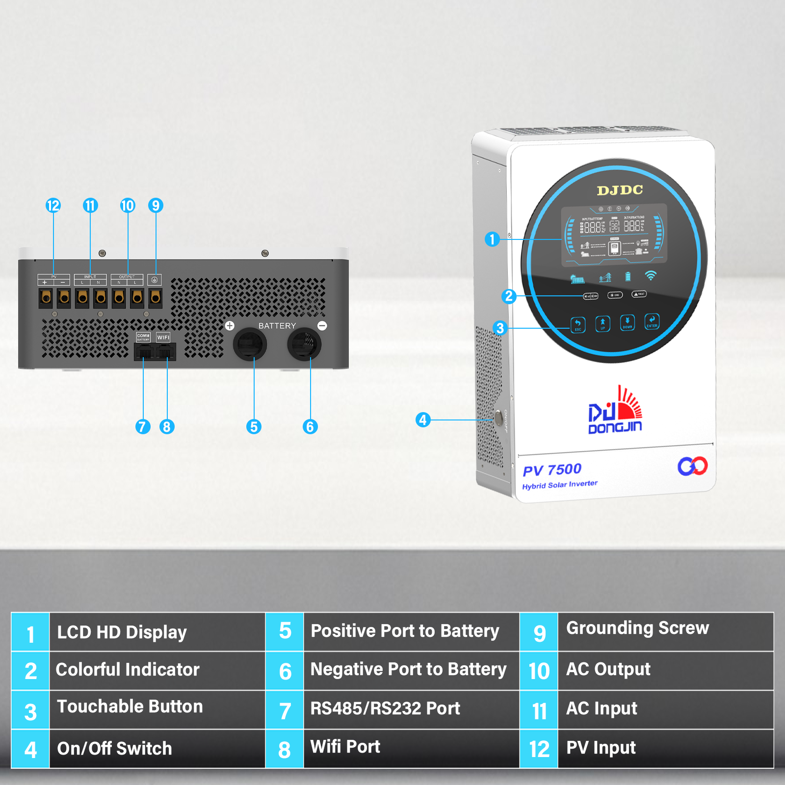DJDCPOWER 6.5KW 48V Hybrid Inverter, 230V AC Pure Sine Wave Inverter, Built-in 130A Charge Controller, Max PV Input Power 7200W, Suitable for 48V Lead-Acid Battery and Lithium Battery