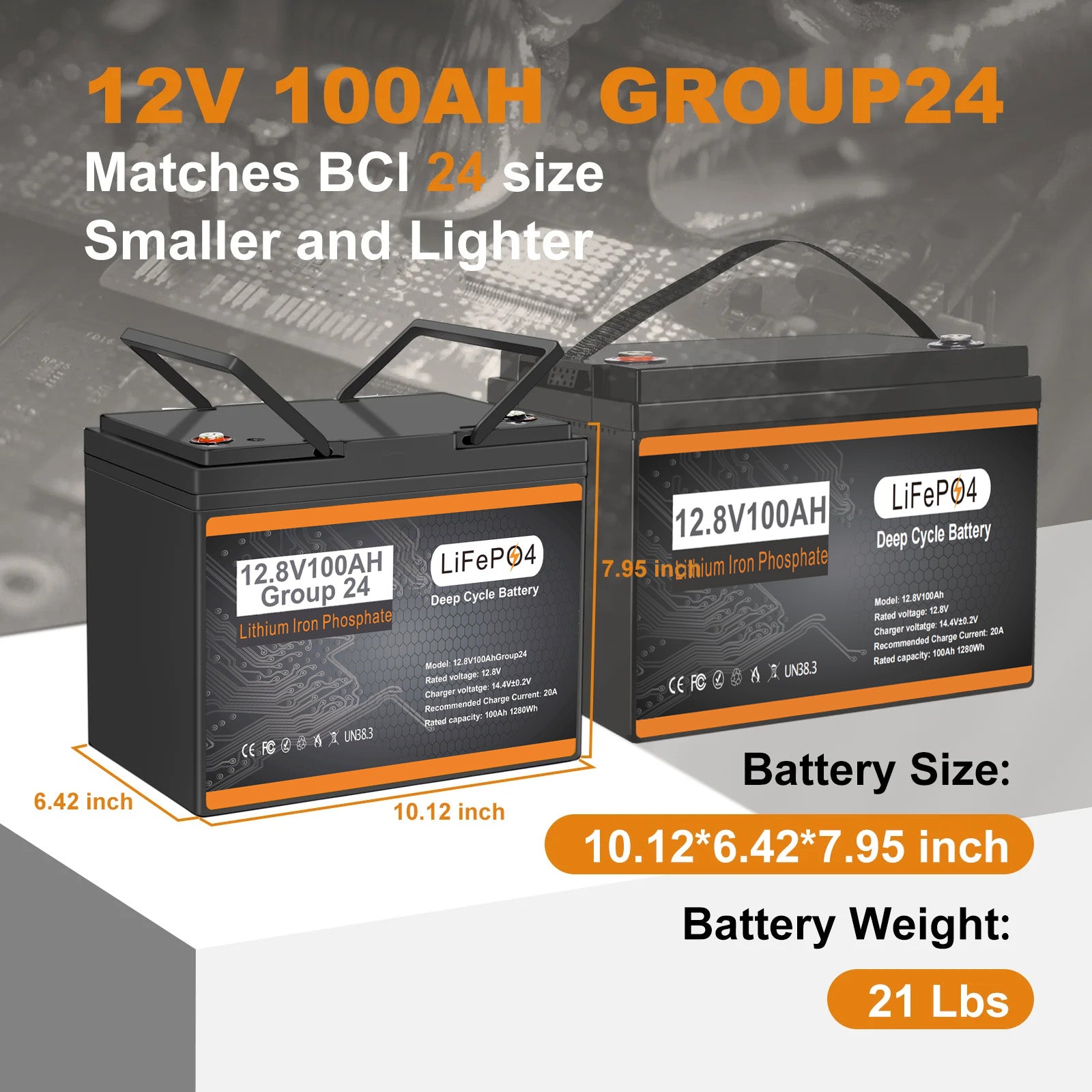 12V 100Ah LiFePO4 Battery BCI Group 24, Built-in100A BMS Lithium Battery Deep Cycle for Trolling Motor, Marine,RV, Solar System