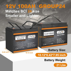 12V 100Ah LiFePO4 Battery BCI Group 24, Built-in100A BMS Lithium Battery Deep Cycle for Trolling Motor, Marine,RV, Solar System