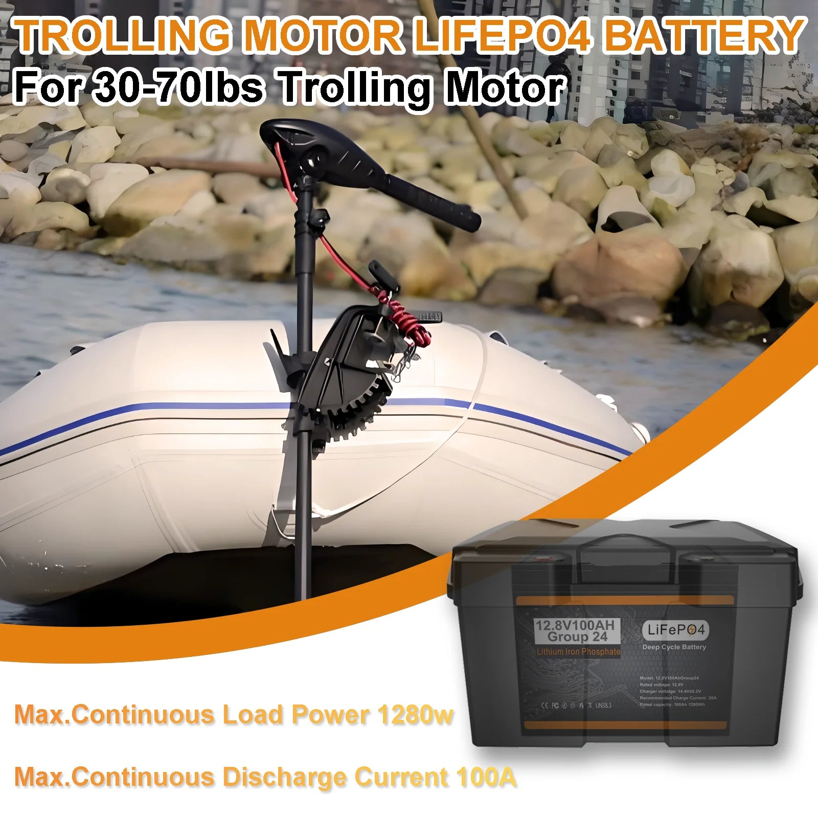12V 100Ah LiFePO4 Battery BCI Group 24, Built-in100A BMS Lithium Battery Deep Cycle for Trolling Motor, Marine,RV, Solar System
