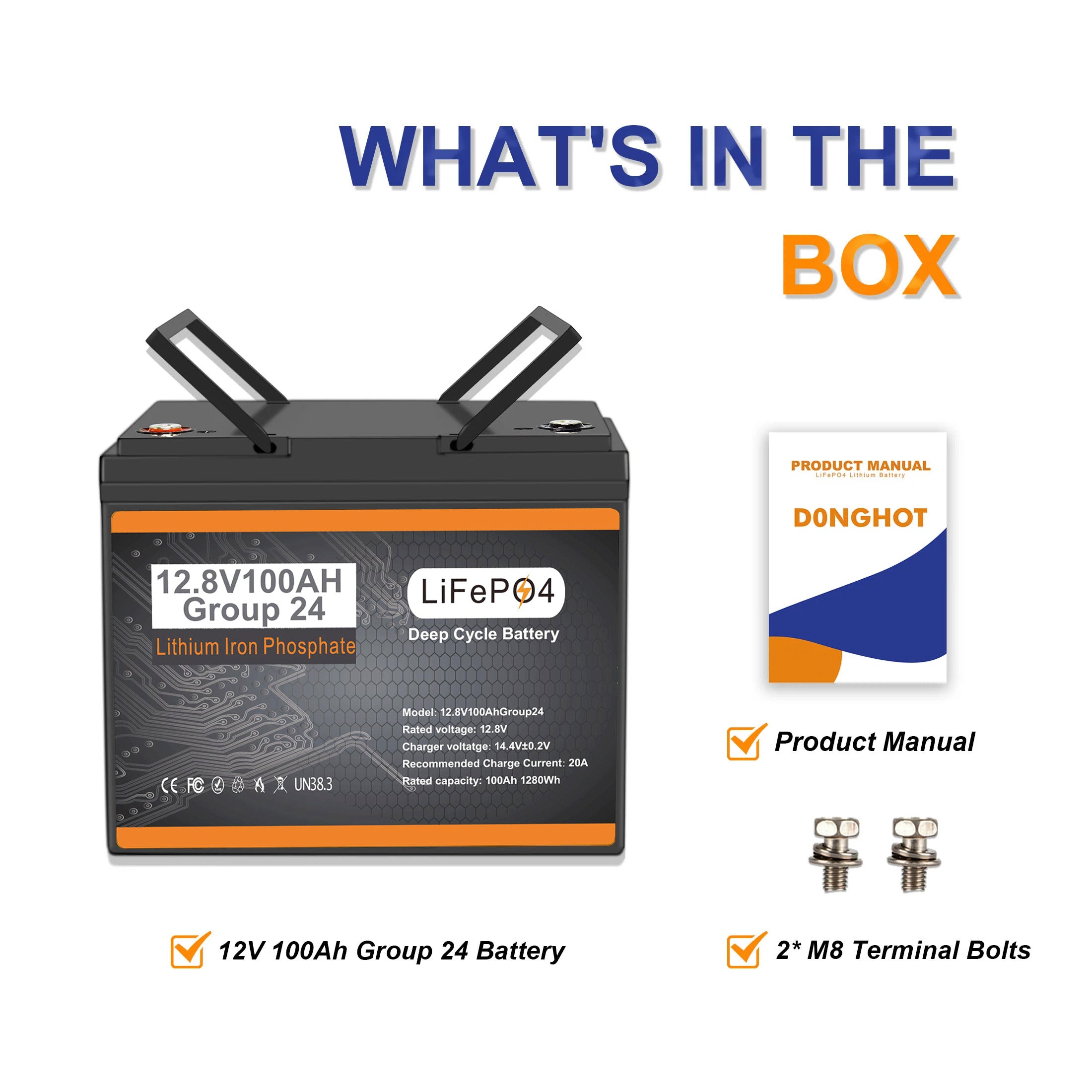 12V 100Ah LiFePO4 Battery BCI Group 24, Built-in100A BMS Lithium Battery Deep Cycle for Trolling Motor, Marine,RV, Solar System